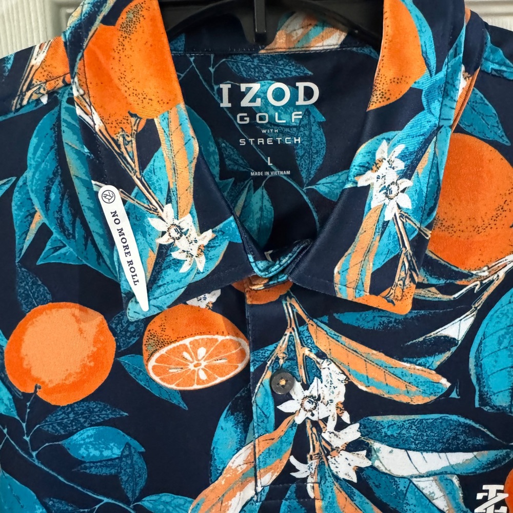 NEW IZOD Men's Blue and Orange Floral GOLF Shirt size Large